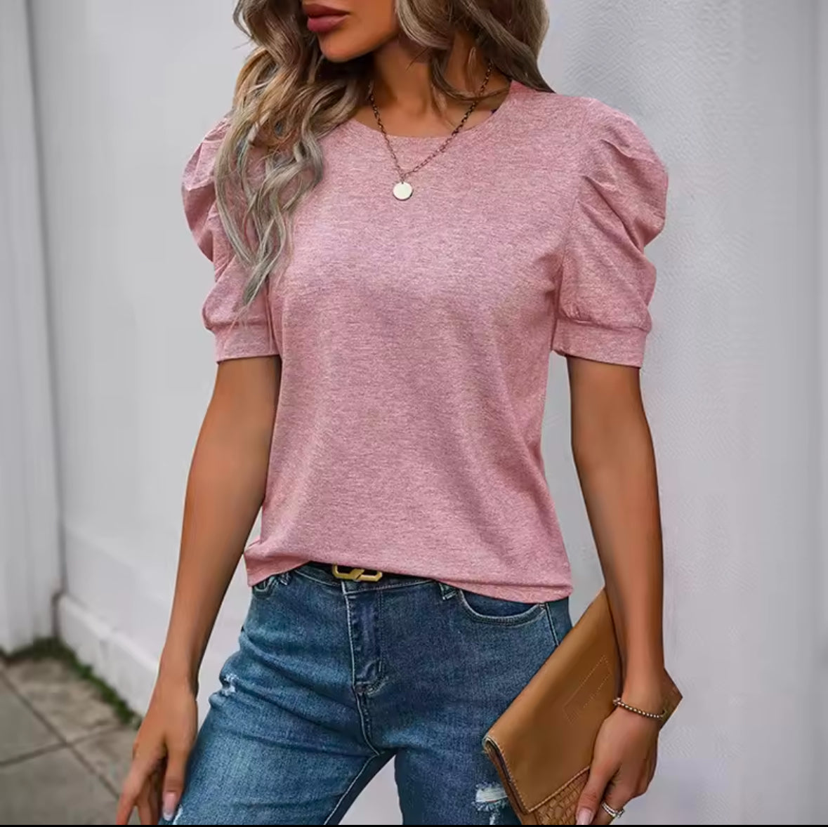 INAWLY Women’s Solid Color Crew Neck Gigot Sleeve T-Shirt – Elegant & Stylish Casual Top