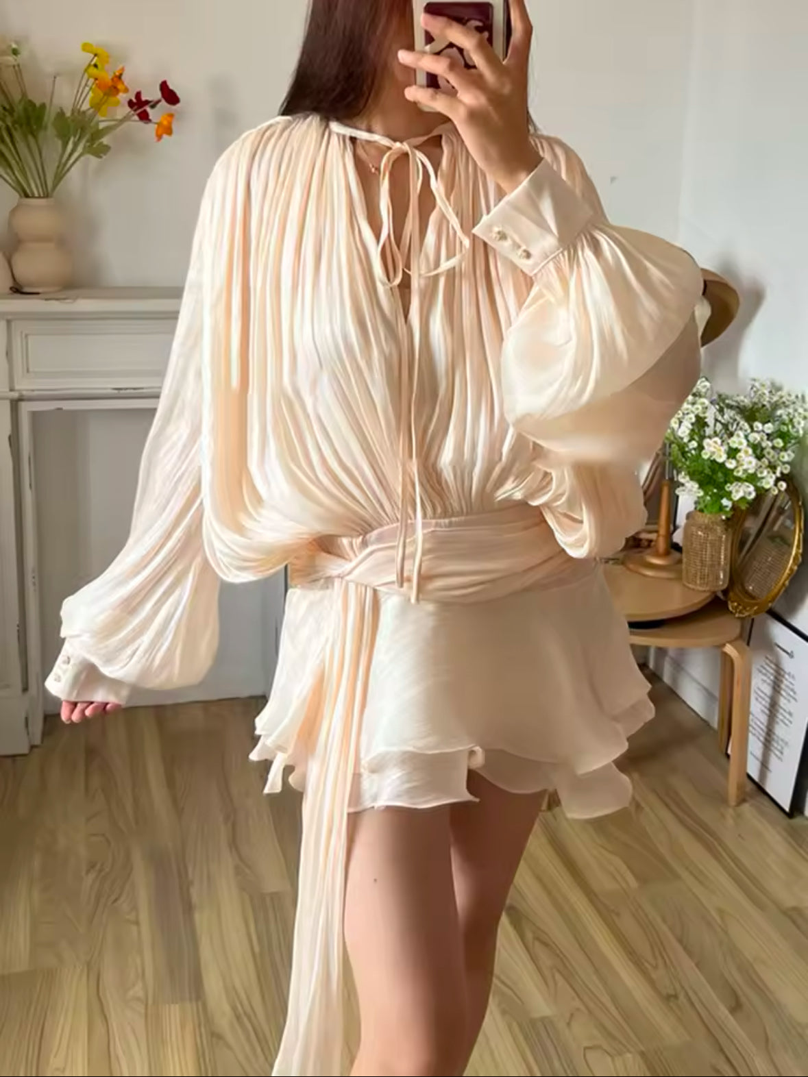 TWOTWINSTYLE Solid V-Neck Mini Blouse Dress for Women – Long Sleeve, Lace-Up, Sweet Style Fashion Dress