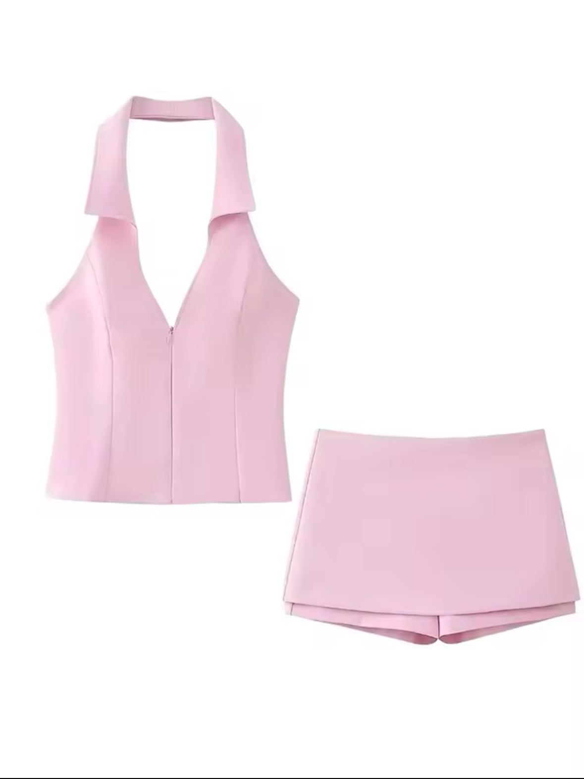 Fashionable Pink Shorts Set for Women 2025 – Sexy V-Neck Sleeveless Top with Slim Fit Skirt for Elegant Spring & Summer Looks