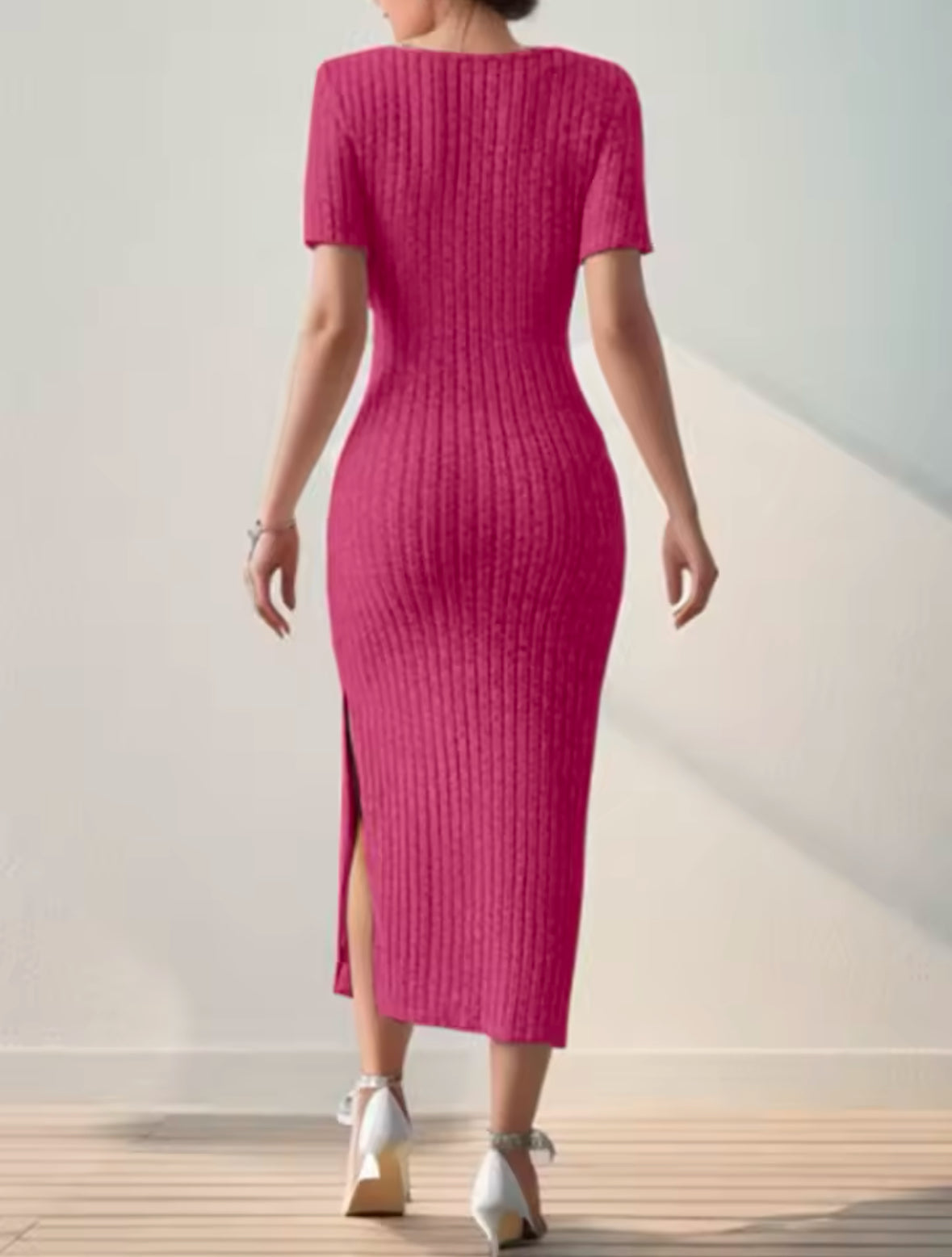 Elegant Summer Knit Dress with Square Neck and Side Slit – Slim Fit, Mid-Length, Short Sleeve for a Chic Feminine Look