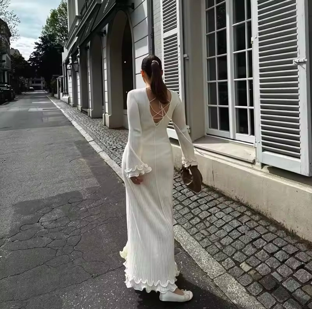 Ruffled Pleated Long Dress for Women – Elegant White Autumn & Winter Fashion, O-Neck Flare Party Dress, Perfect for Streetwear & Parties
