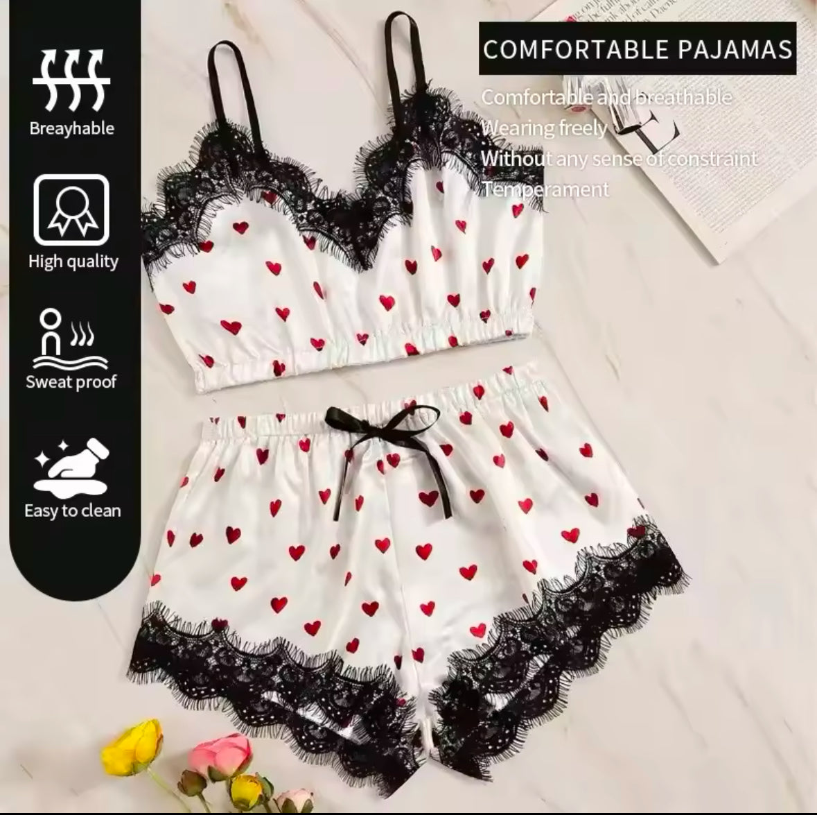 2PCS Satin Pajama Set for Women – Sexy V-Neck Lingerie with Lace & Bowknot, Stretchy Sleepwear for Comfortable & Stylish Nights