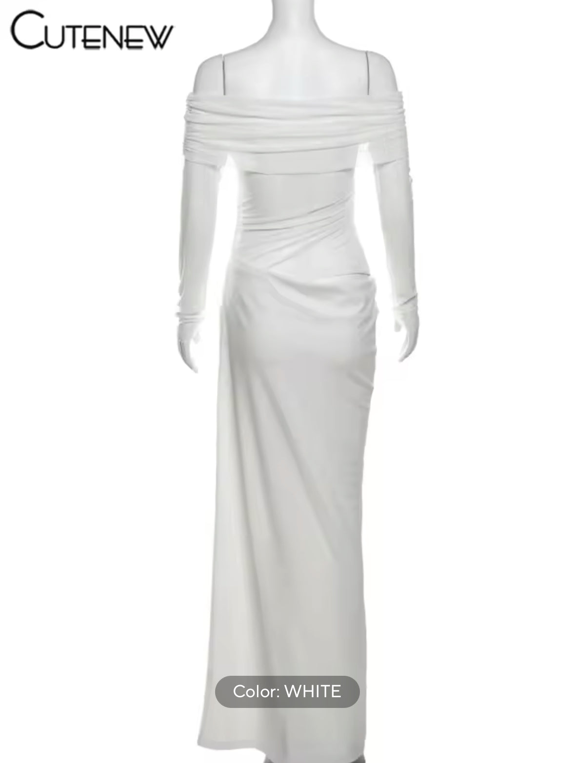 Sexy Mesh Ruched Maxi Dress for Women – Off Shoulder Sheer Long Sleeve Bodycon Gown for Midnight Parties