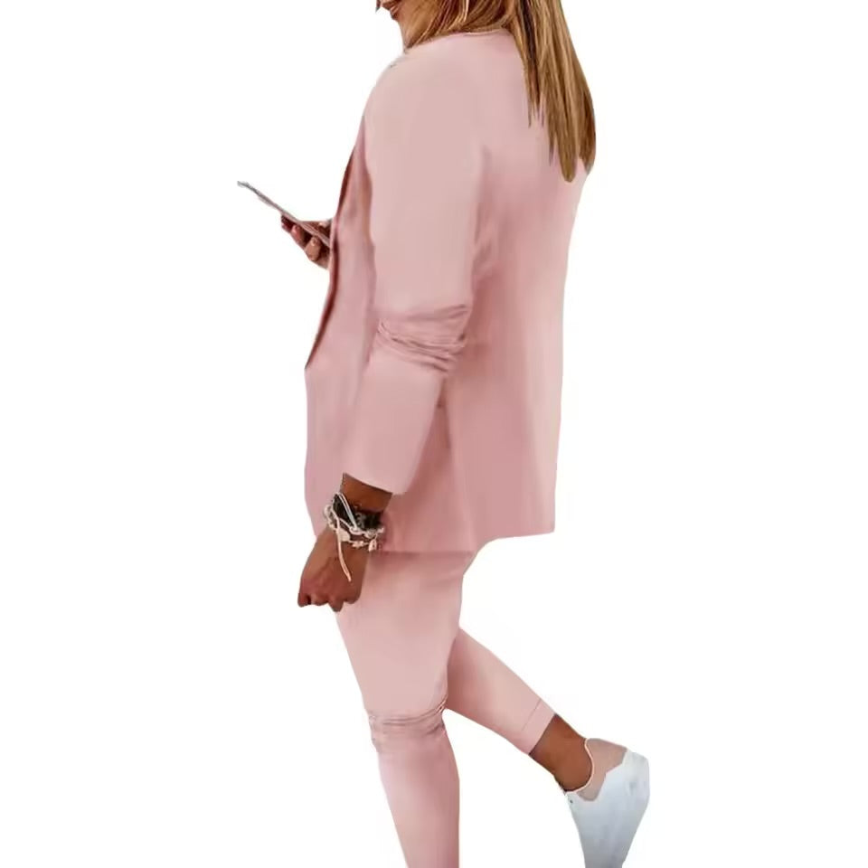 Elegant Women’s Two-Piece Suit – Casual Solid Color Blazer & Pants Set | Long Sleeve Office & Everyday Wear