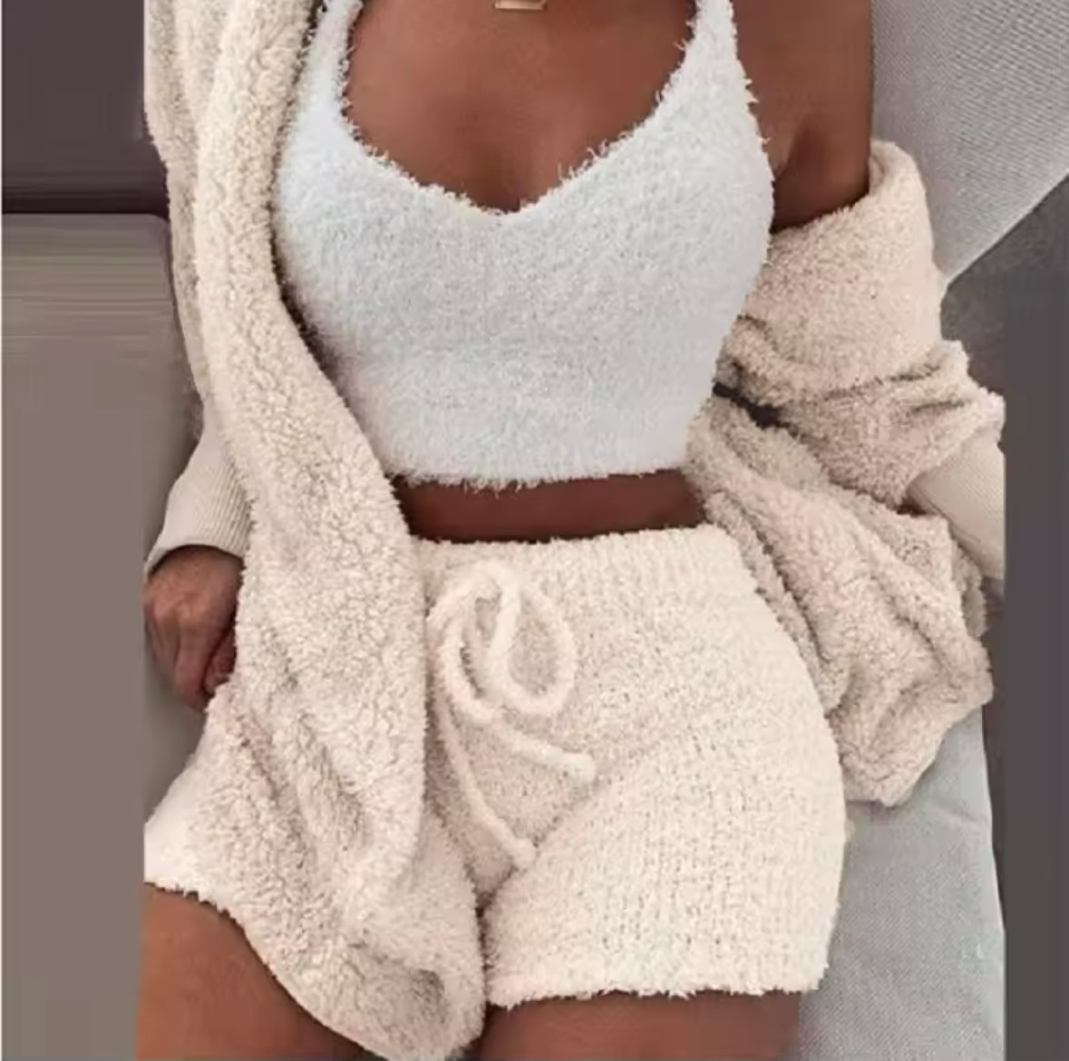 Fluffy 3-Piece Pajama Set for Women – Casual Sleepwear, Tank Top, Shorts, and Cozy Hoodie for Winter, Plus Size Leisure Homsuit