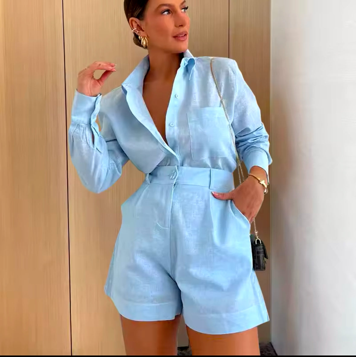 2025 Women’s Long Sleeve 2-Piece Set – Casual Button-Down Shirt & Pockets Shorts for Summer – Trendy & Comfortable Female Outfit