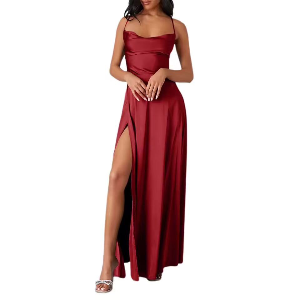 Belle Bridesmaid Dress – Elegant Evening Gown with Cowl Neck, Side Slit & Spaghetti Straps | Formal Prom, Wedding Guest & Graduation Dress