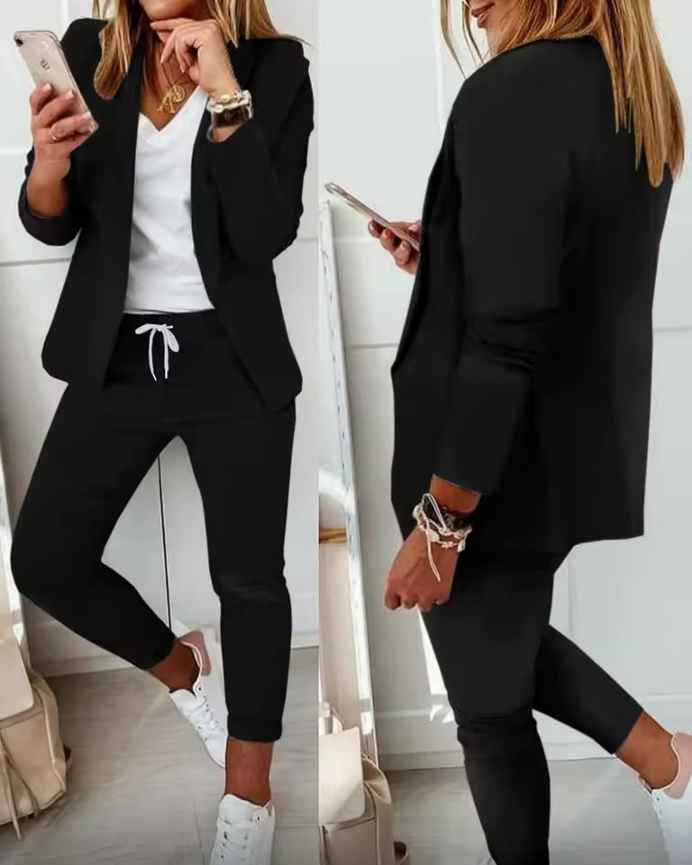 Elegant Women’s Two-Piece Suit – Casual Solid Color Blazer & Pants Set | Long Sleeve Office & Everyday Wear