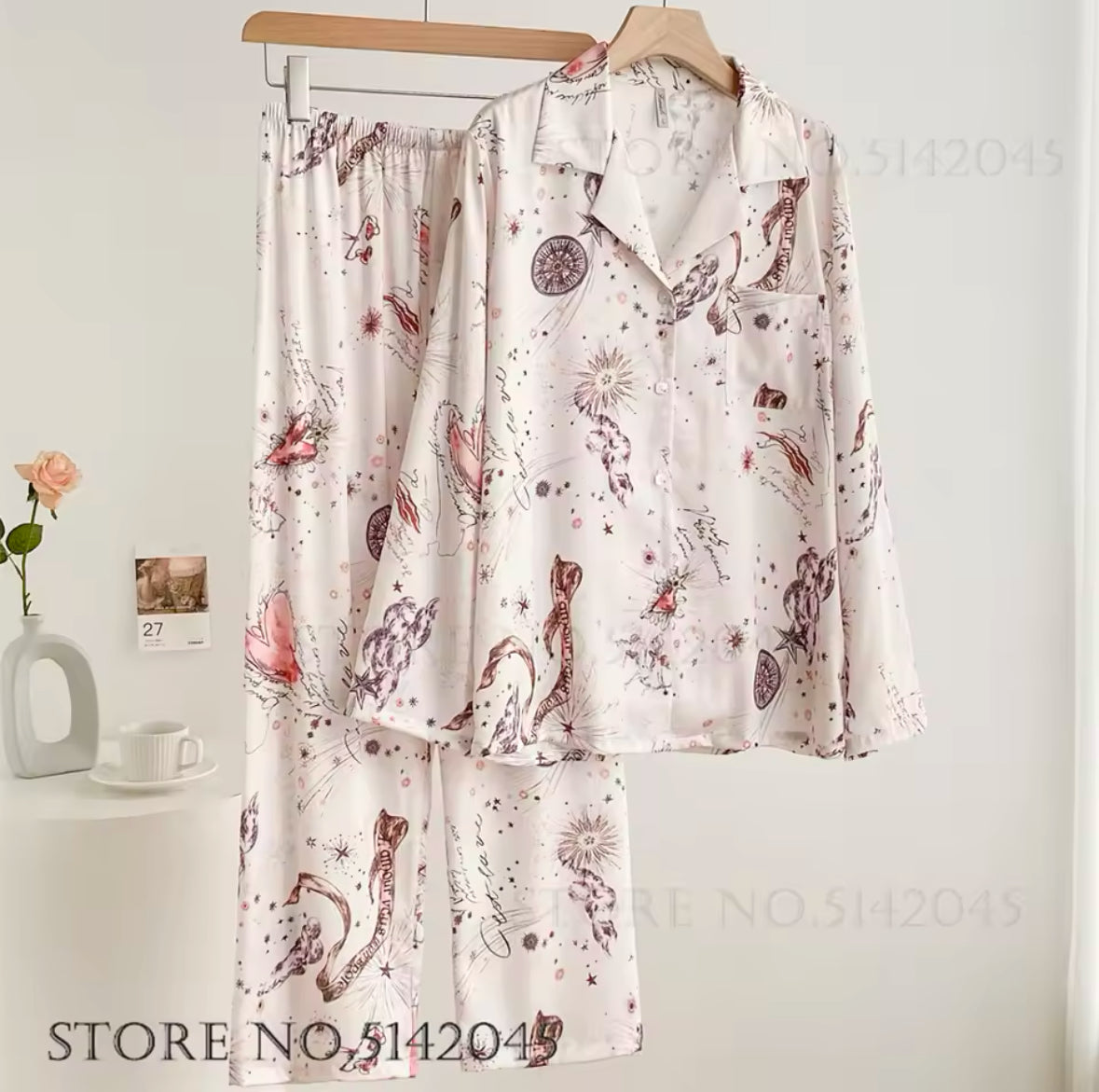 Fashionable Floral Print 2PCS Pajama Set for Women – Comfortable Satin Sleepwear, Spring & Summer Lounge Wear, Loose Fit Trouser Suit for Relaxing at Home