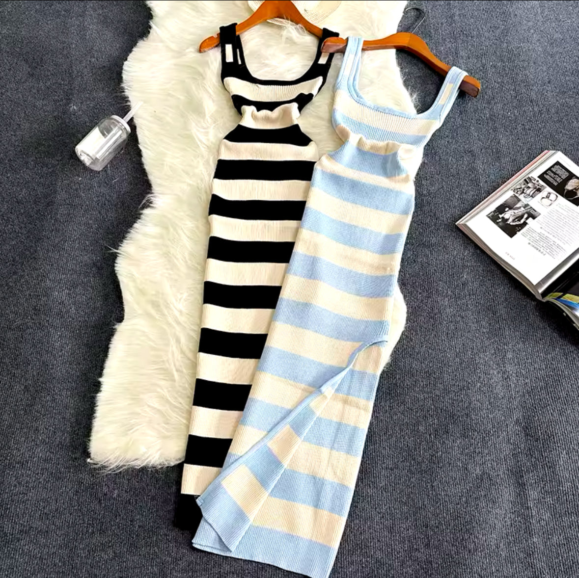 2025 Stripe Summer Bodycon Dress with Elastic Split – Sexy Beach Vacation Sundress for Women, Casual Slim Fit Maxi Long Dress