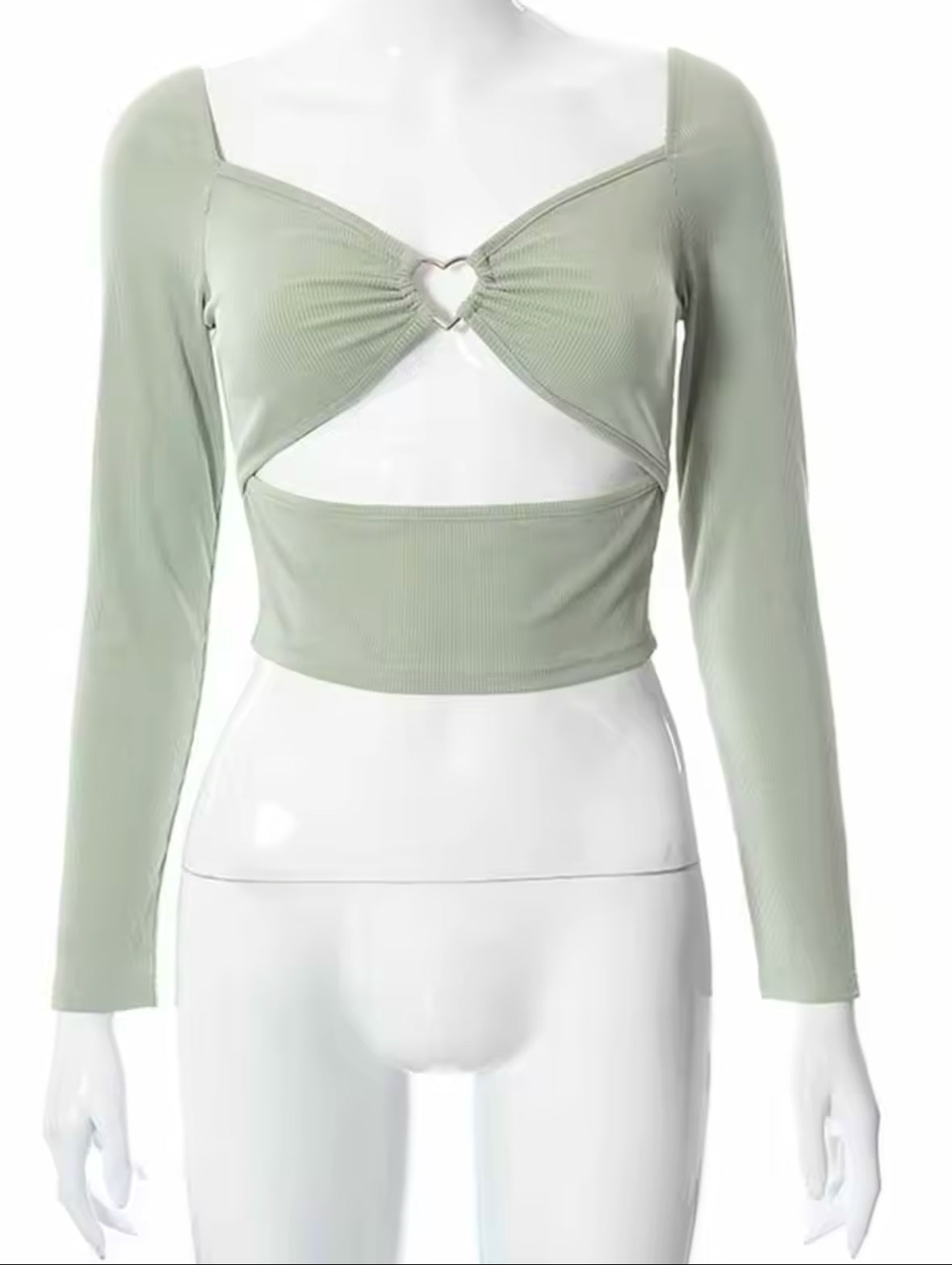 Chic Backless Ribbed Crop Top – V-Neck, Square Collar, Long Sleeve Slim Fit Tee for Spring & Fall Fashion
