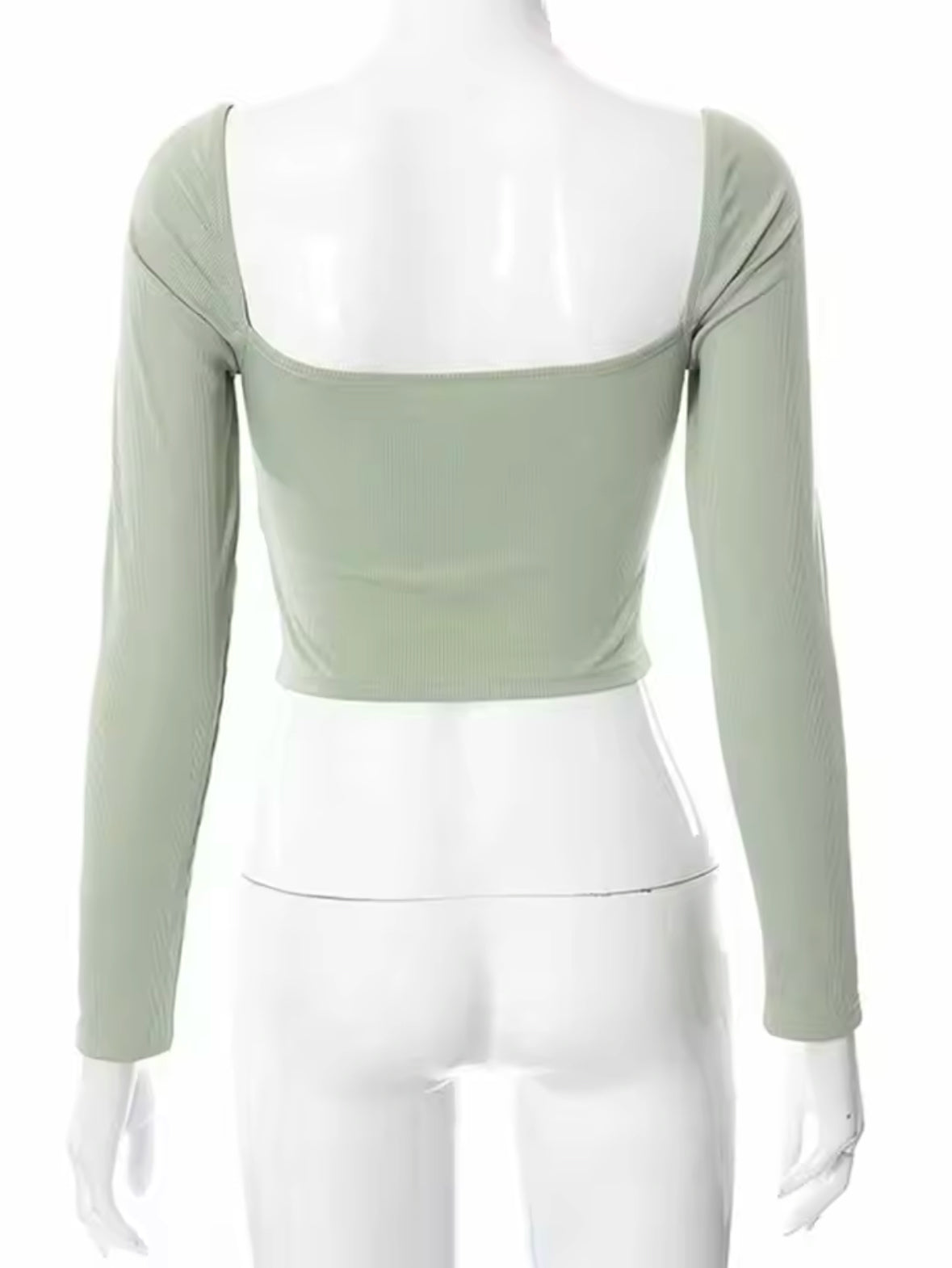 Chic Backless Ribbed Crop Top – V-Neck, Square Collar, Long Sleeve Slim Fit Tee for Spring & Fall Fashion