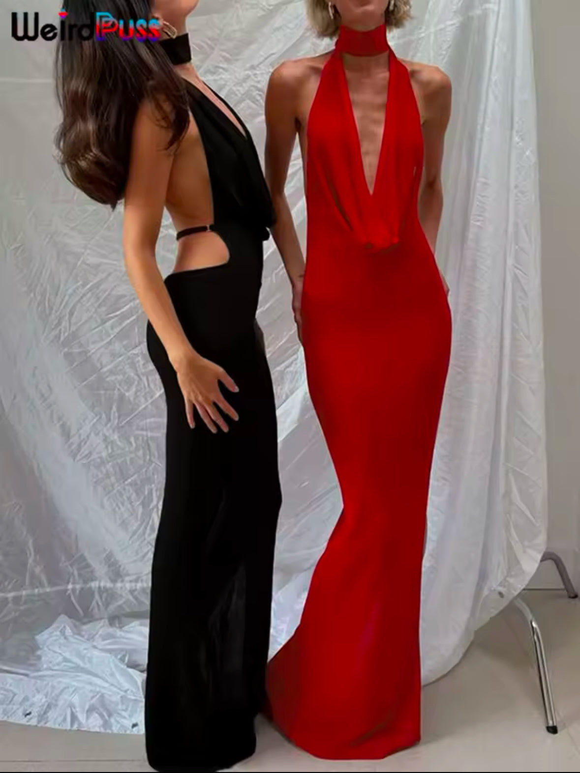 Weird Puss Hollow Halter Dress for Women – Sexy Backless Low-Neck Bodycon Dress with Slits for Midnight Banquets
