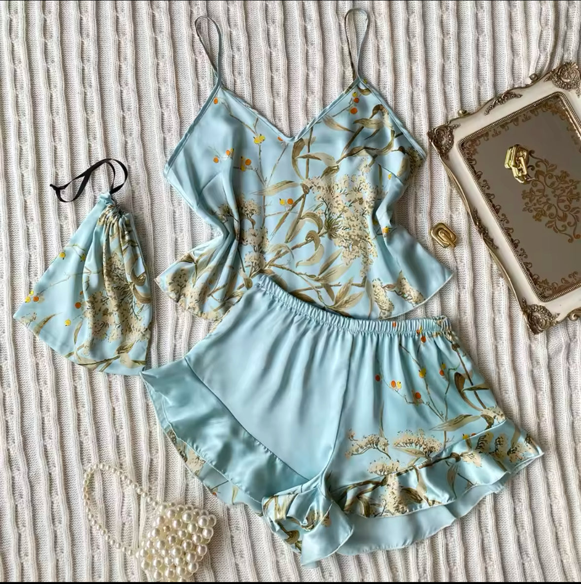 Elegant Floral Cami Pajama Set for Women – Ruffle Hem Shorts & Stylish Sleepwear for Comfortable Loungewear