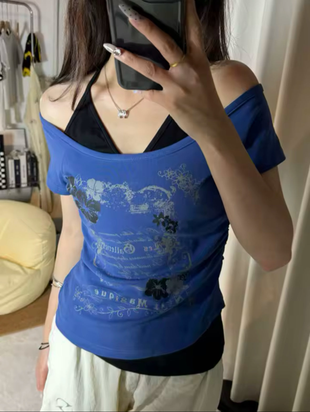 Vintage Y2K Lace-Up Halter Top – Off Shoulder Slim Fit T-Shirt for Women with Trendy Print Design
