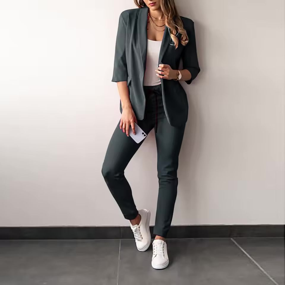 Elegant Women’s Two-Piece Suit – Casual Solid Color Blazer & Pants Set | Long Sleeve Office & Everyday Wear