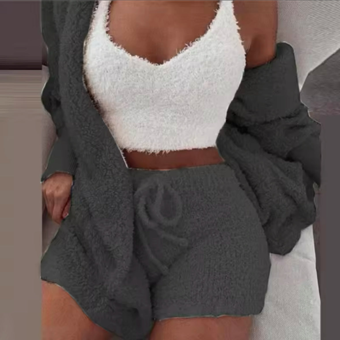 Fluffy 3-Piece Pajama Set for Women – Casual Sleepwear, Tank Top, Shorts, and Cozy Hoodie for Winter, Plus Size Leisure Homsuit