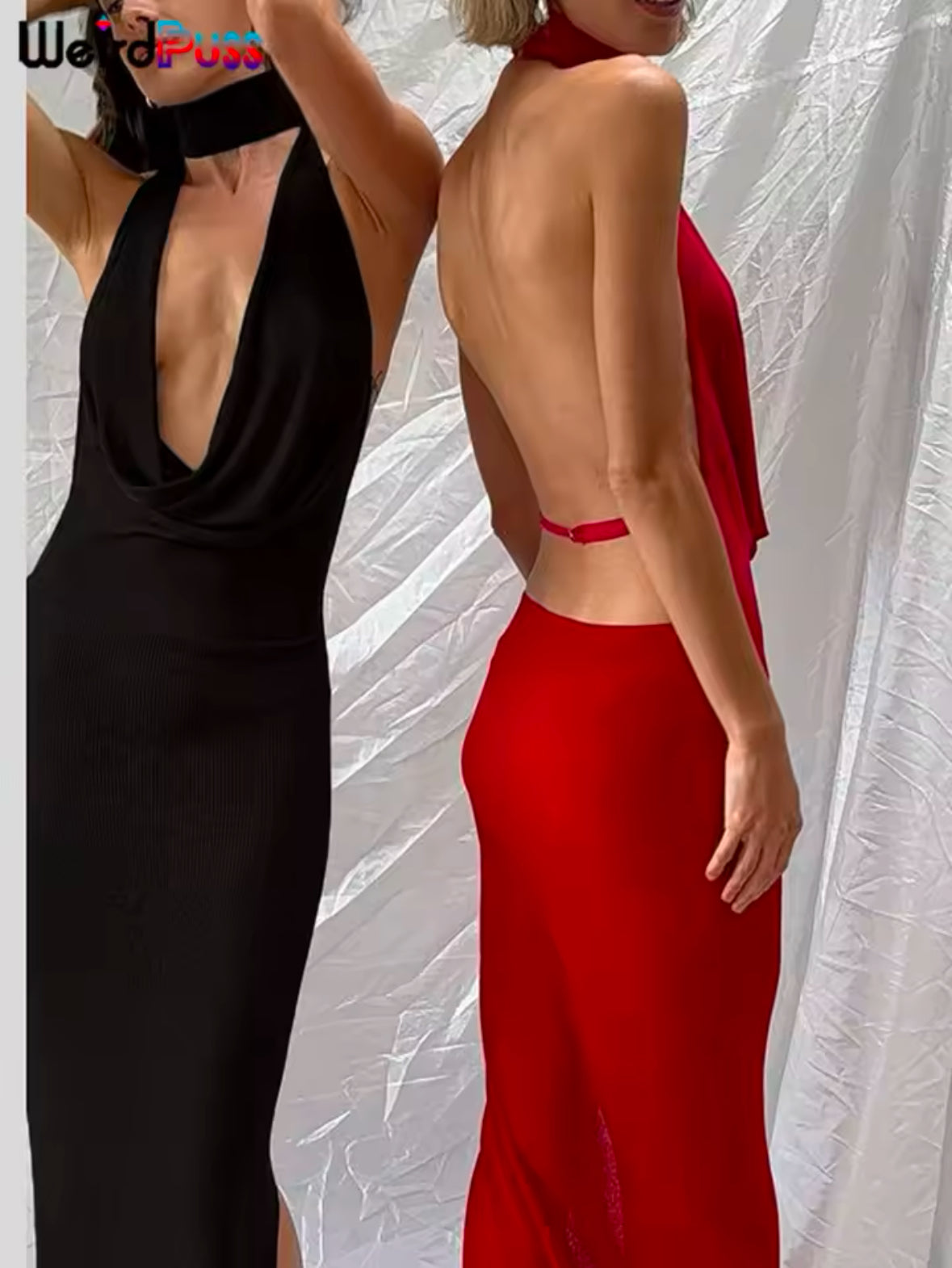 Weird Puss Hollow Halter Dress for Women – Sexy Backless Low-Neck Bodycon Dress with Slits for Midnight Banquets