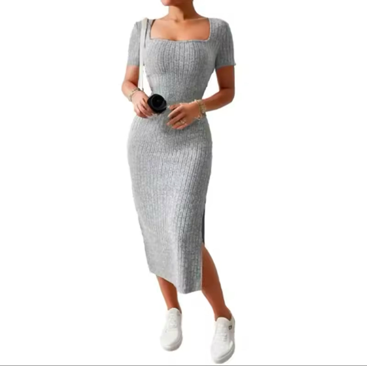 Elegant Summer Knit Dress with Square Neck and Side Slit – Slim Fit, Mid-Length, Short Sleeve for a Chic Feminine Look