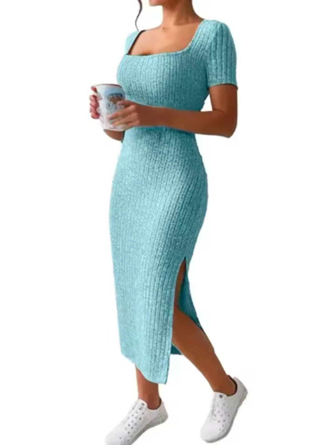 Elegant Summer Knit Dress with Square Neck and Side Slit – Slim Fit, Mid-Length, Short Sleeve for a Chic Feminine Look