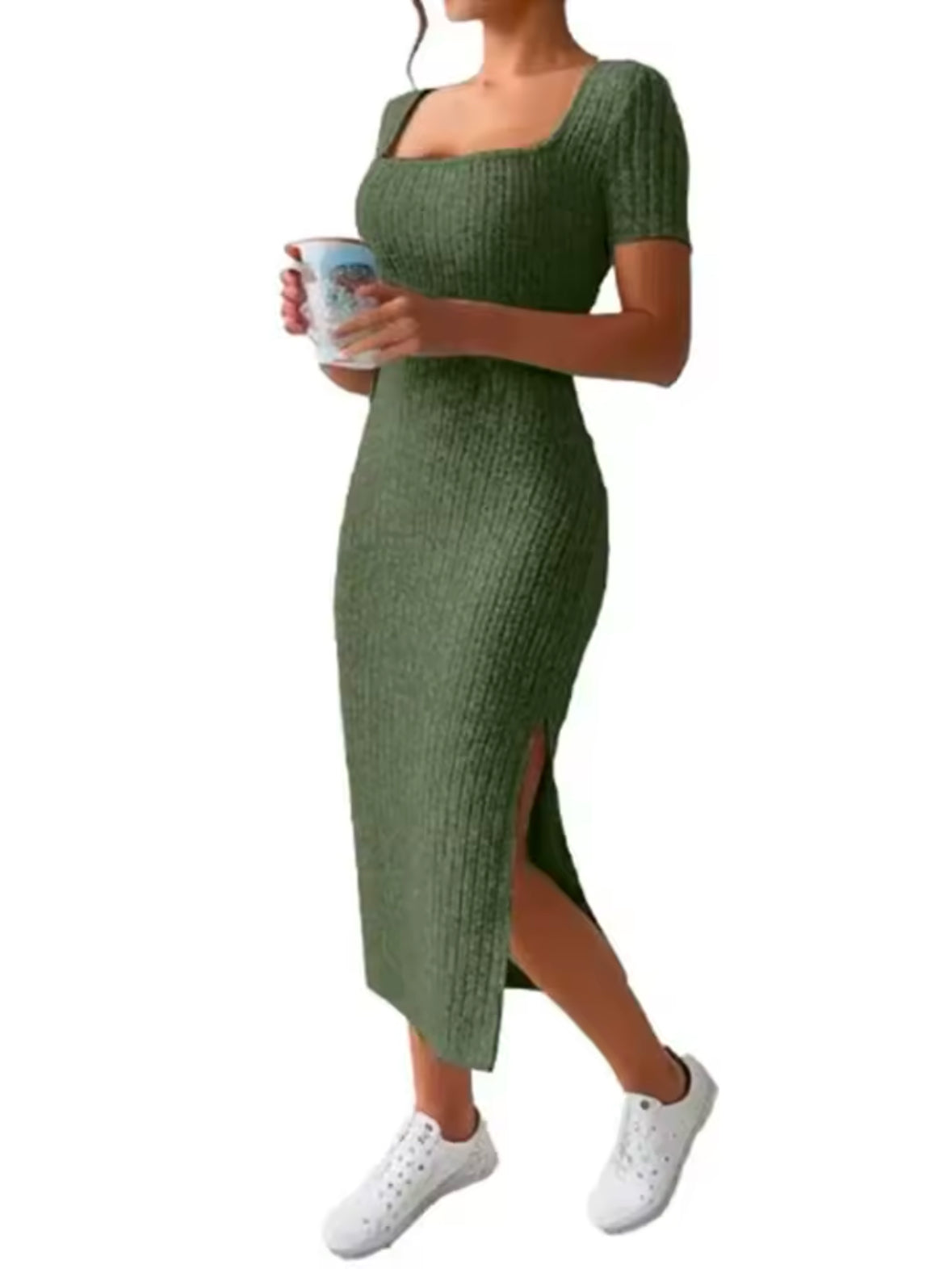 Elegant Summer Knit Dress with Square Neck and Side Slit – Slim Fit, Mid-Length, Short Sleeve for a Chic Feminine Look