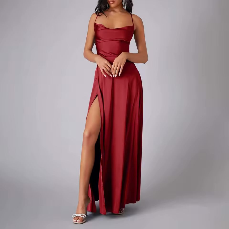 Belle Bridesmaid Dress – Elegant Evening Gown with Cowl Neck, Side Slit & Spaghetti Straps | Formal Prom, Wedding Guest & Graduation Dress