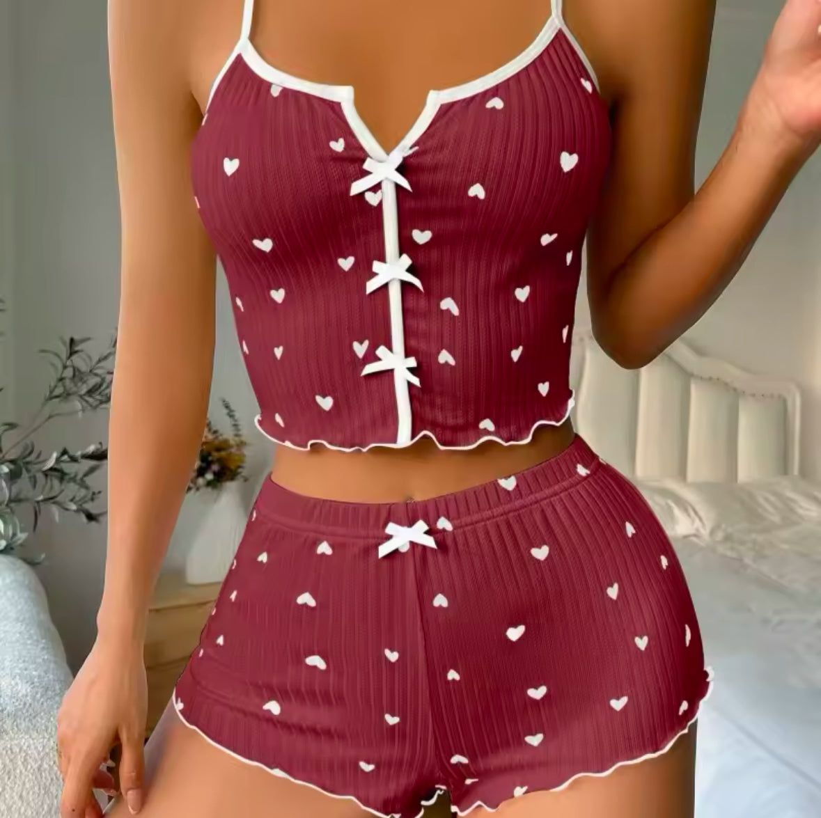 Sexy Silk Sleepwear Set for Women – Heart Print V-Neck Cami Top & Shorts – Comfortable Loungewear for Relaxation & Home