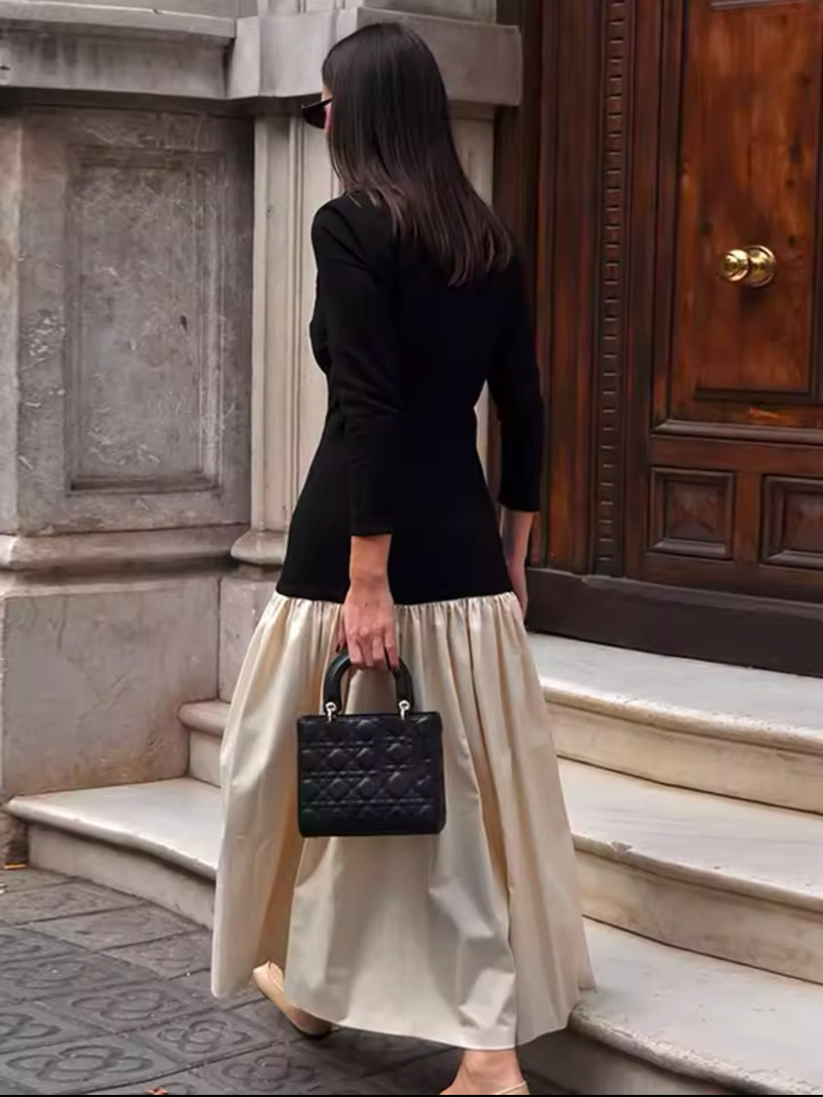 Fashionable Contrast Splicing Pleated Long Dress for Women – Casual Round Neck Loose Cropped Spring Dress 2025 High Street Style