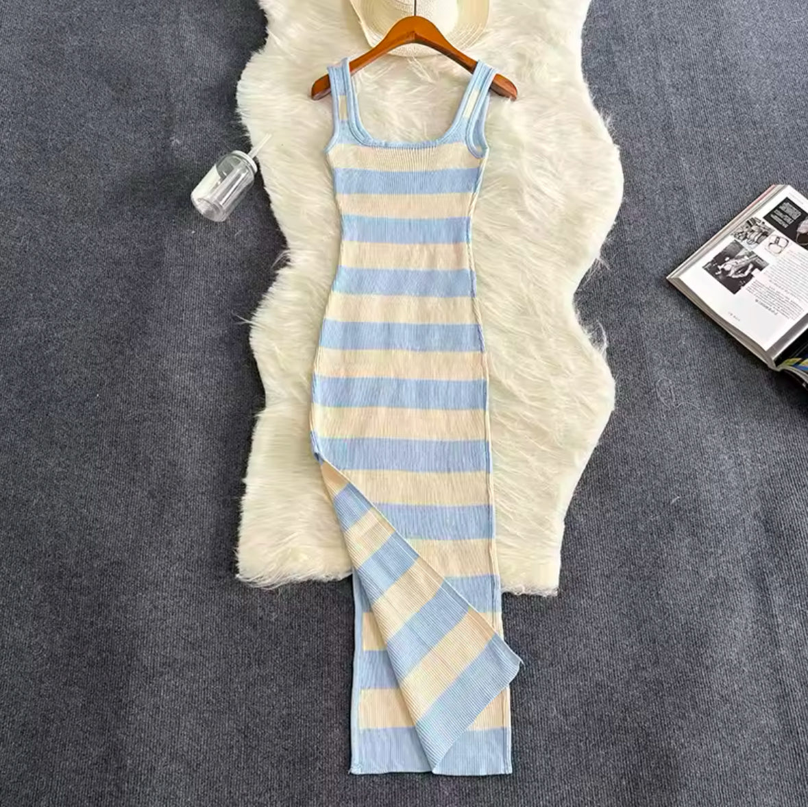 2025 Stripe Summer Bodycon Dress with Elastic Split – Sexy Beach Vacation Sundress for Women, Casual Slim Fit Maxi Long Dress