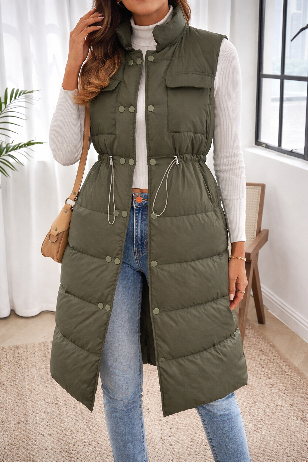 Women’s Utility Sleeveless Jacket with Pockets & Drawstring Waist – Casual Winter Layering Vest