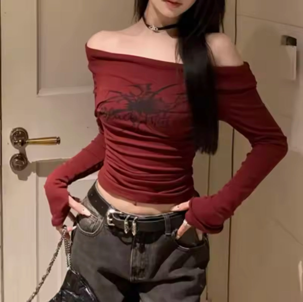 Y2K Gothic Off Shoulder T-Shirt for Women – 2025 Autumn Grunge Streetwear, Punk Fairycore Hip Hop Casual Top