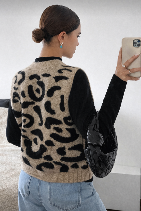 Women’s Leopard Knit Vest – Elegant Autumn/Winter Sleeveless Office Layer