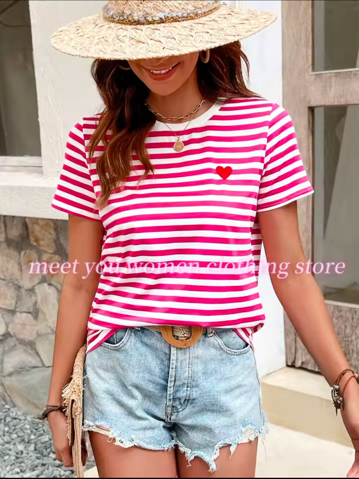 SHEIN EZwear Summer Outfits Heart Embroidery Striped Tee