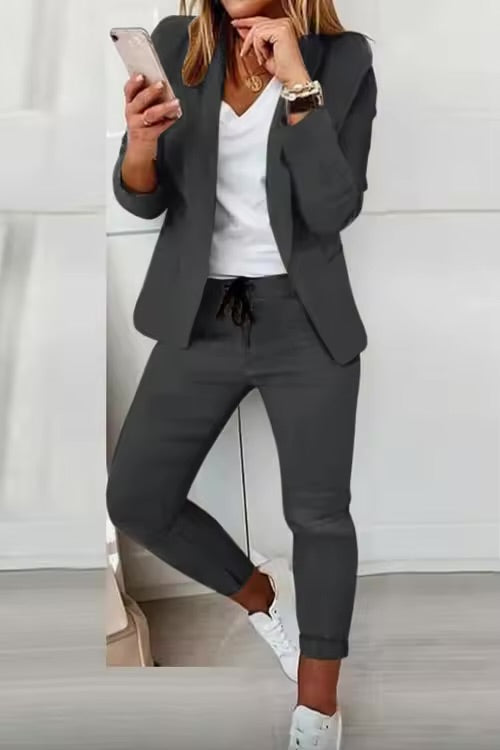 Elegant Women’s Two-Piece Suit – Casual Solid Color Blazer & Pants Set | Long Sleeve Office & Everyday Wear