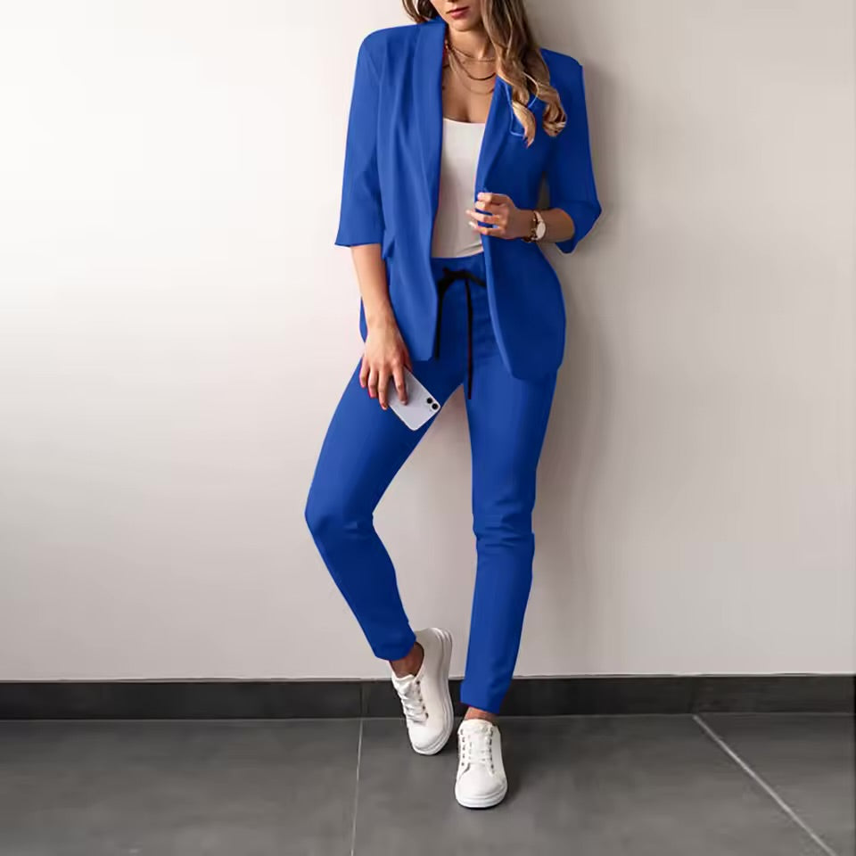 Elegant Women’s Two-Piece Suit – Casual Solid Color Blazer & Pants Set | Long Sleeve Office & Everyday Wear