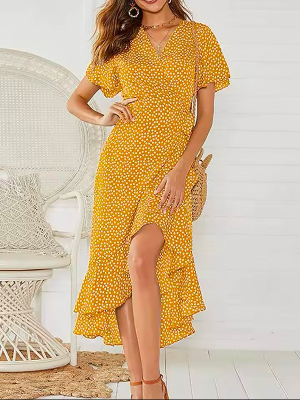 Boho Floral Print Chiffon Maxi Dress for Women – Elegant Summer Wrap V-Neck Split Beach & Party Dress