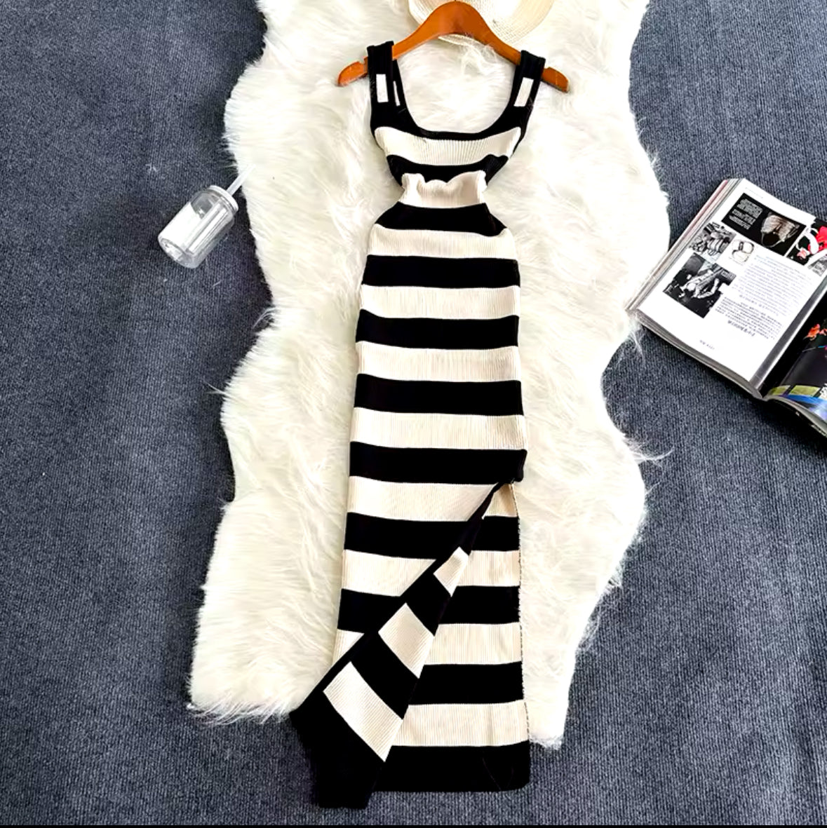 2025 Stripe Summer Bodycon Dress with Elastic Split – Sexy Beach Vacation Sundress for Women, Casual Slim Fit Maxi Long Dress