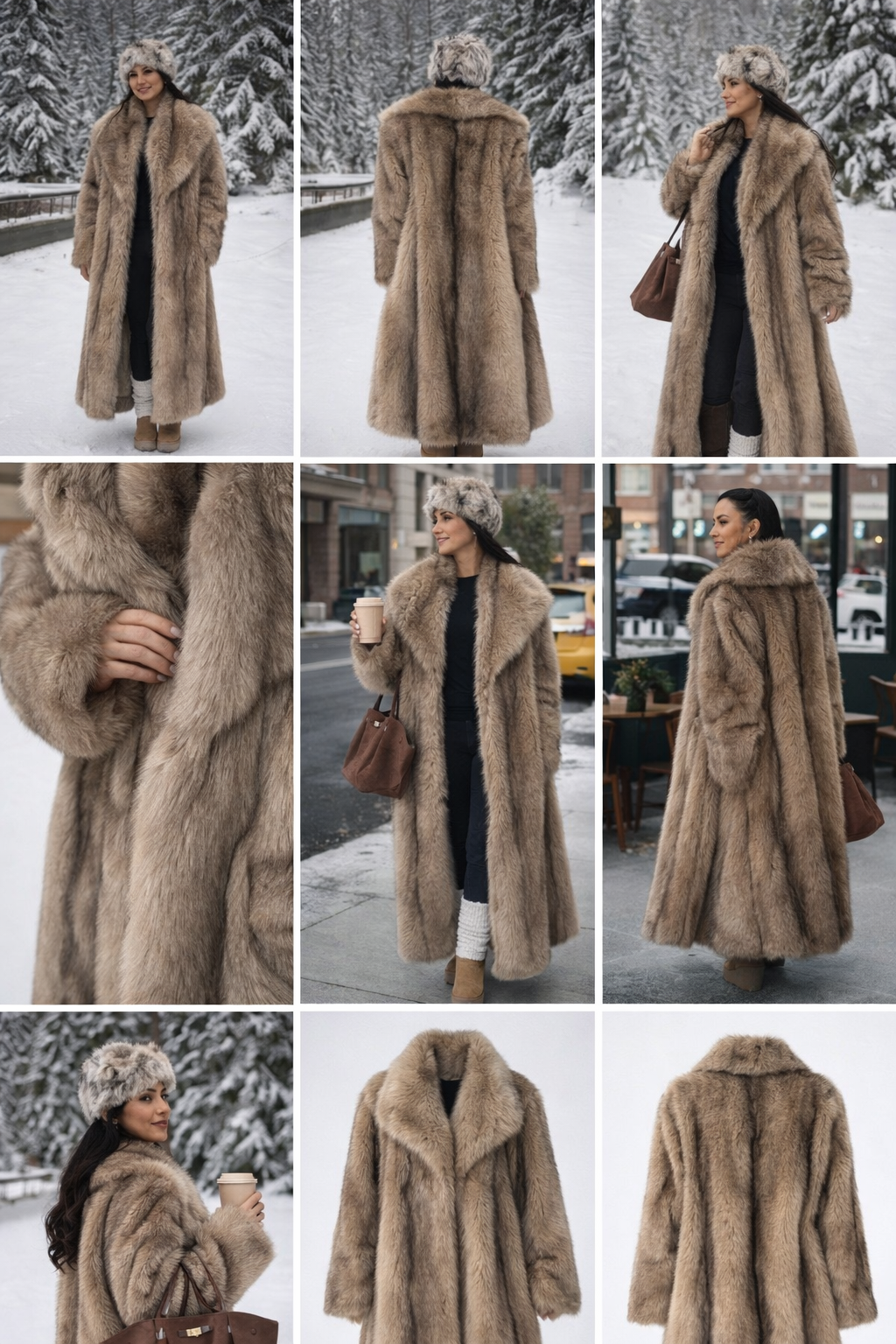 Women’s Brown Long Coat with Faux Fur Collar – Elegant Winter Outerwear