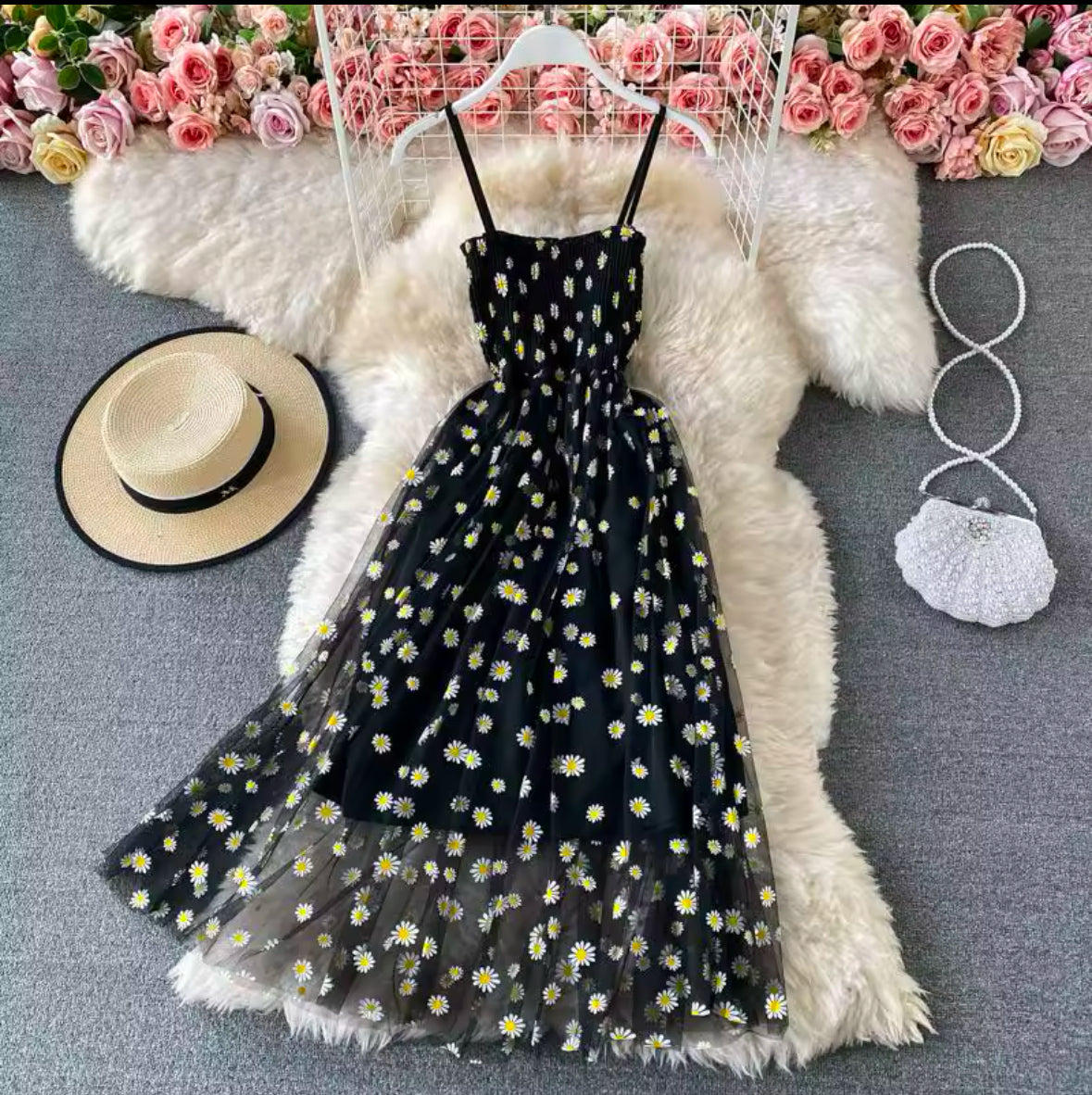 Floral Casual Dresses for Women – Sleeveless Spaghetti Strap Backless Mid-Length Dress, Free Size, Perfect for Summer, Black & Pink Skin Tone