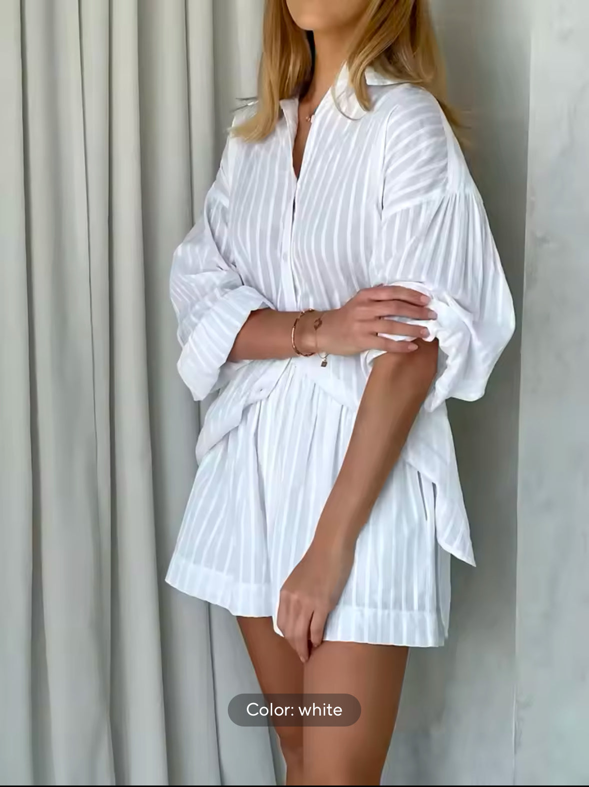 2025 Cotton Two-Piece Set for Women – Striped Long Sleeve Shirt & Shorts Outfit for a Simple and Stylish Spring Summer Look