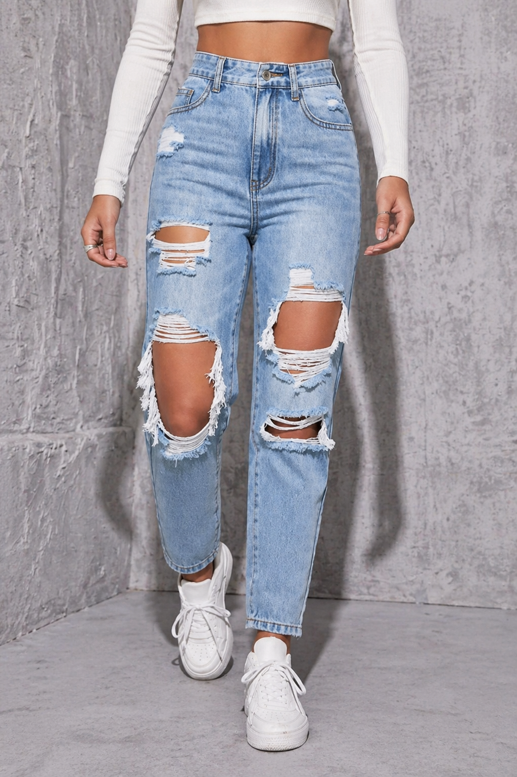 Ripped High Waist Straight Leg Jeans Slim Shape Effortless Style All Season Women