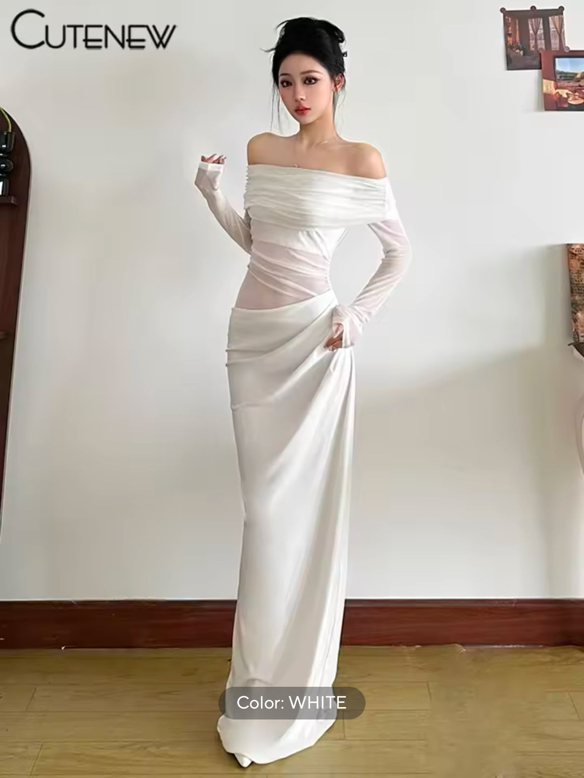 Sexy Mesh Ruched Maxi Dress for Women – Off Shoulder Sheer Long Sleeve Bodycon Gown for Midnight Parties