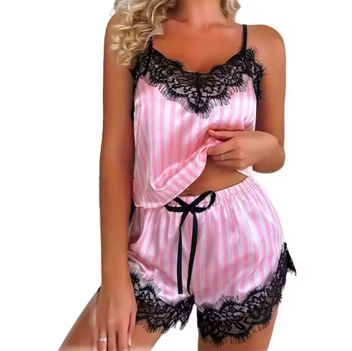 Set of Sexy V-Neck Lace Pajama for Women – Sleeveless & Comfortable Two-Piece Pajama Shorts Set for Relaxation & Sleep