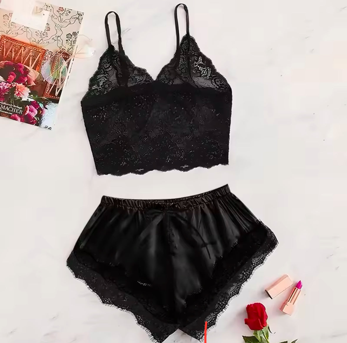 2025 Summer Lace Pajama Set for Women – Sexy See-Through Cami Top & Shorts, Breathable and Comfortable in Black or Pink