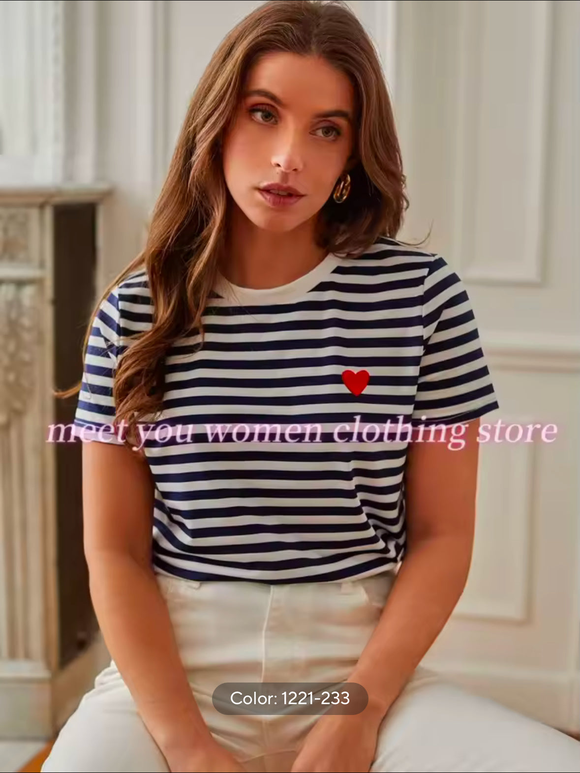 SHEIN EZwear Summer Outfits Heart Embroidery Striped Tee