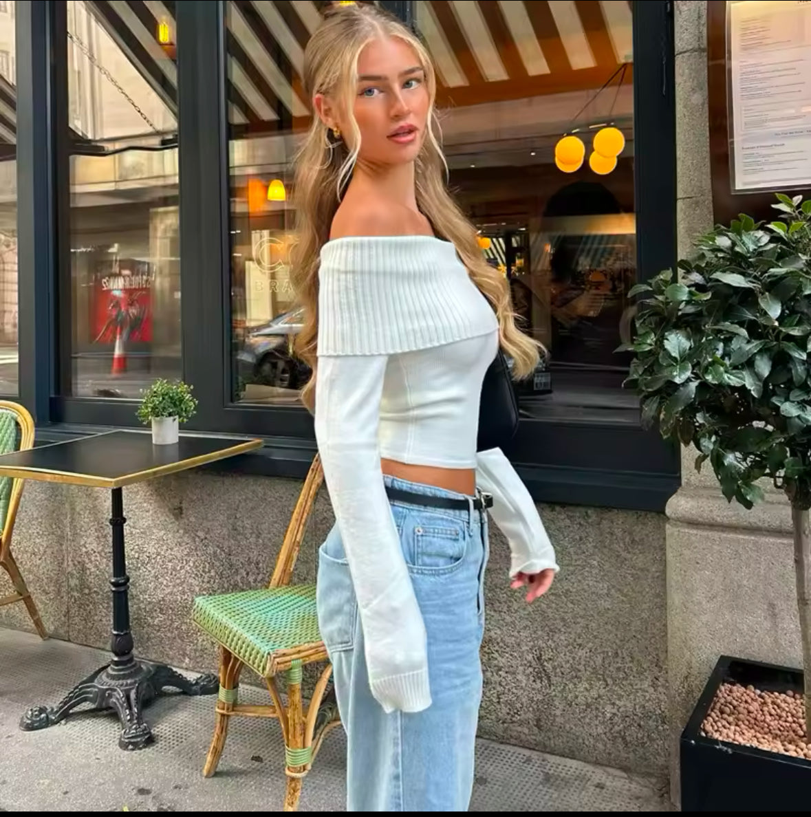 Candyhot Off Shoulder Ribbed Crop Top – Elegant Fall Fashion with Y2K Style, Casual Long Sleeve Slim Fit Tee