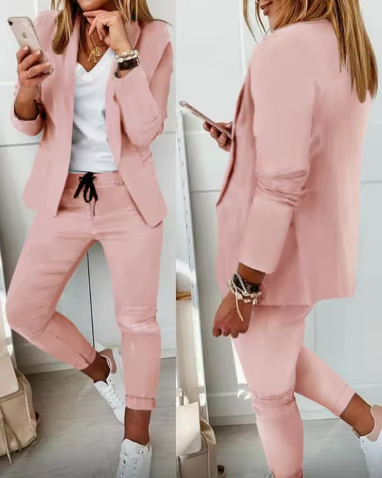 Elegant Women’s Two-Piece Suit – Casual Solid Color Blazer & Pants Set | Long Sleeve Office & Everyday Wear