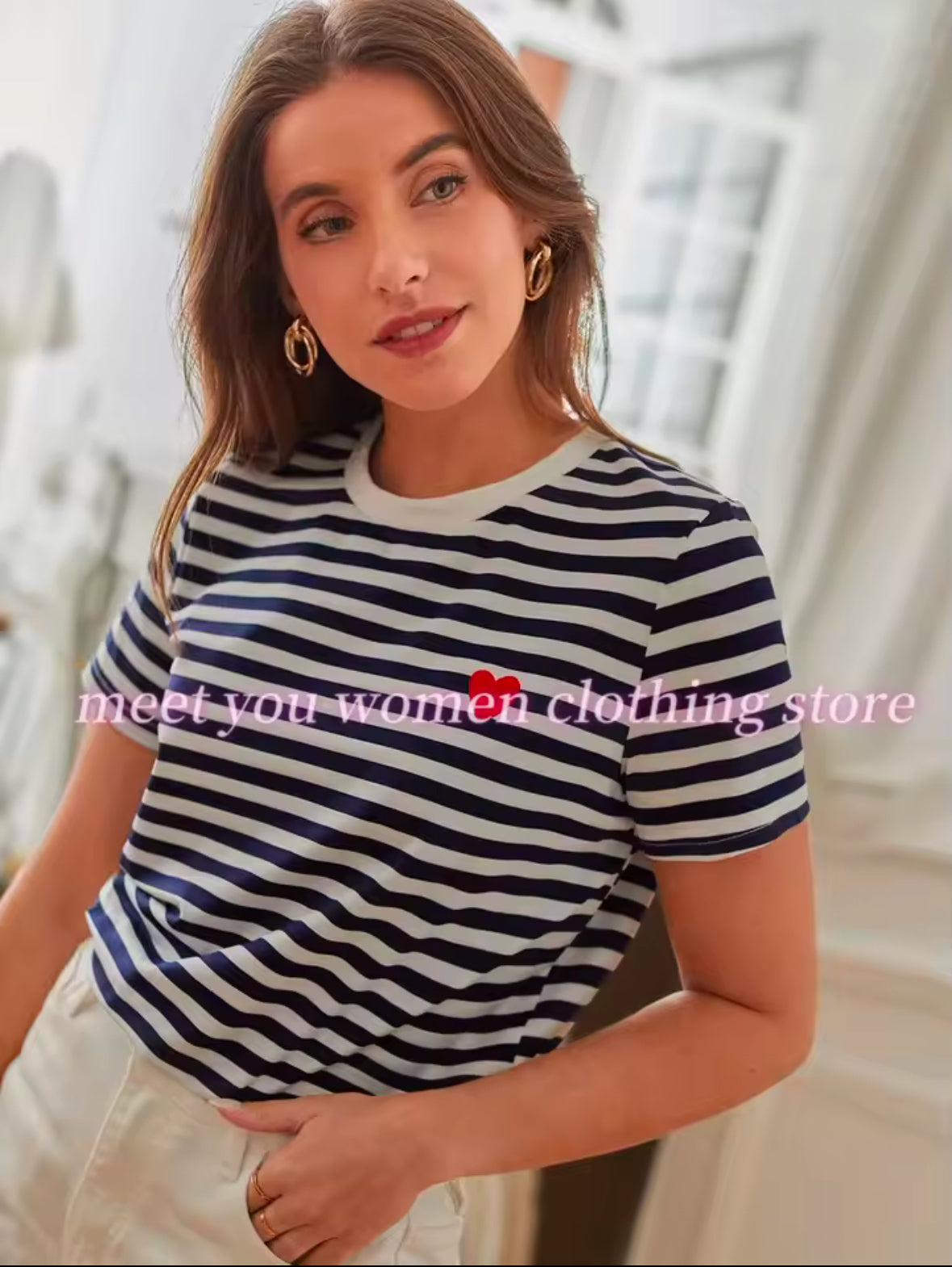SHEIN EZwear Summer Outfits Heart Embroidery Striped Tee