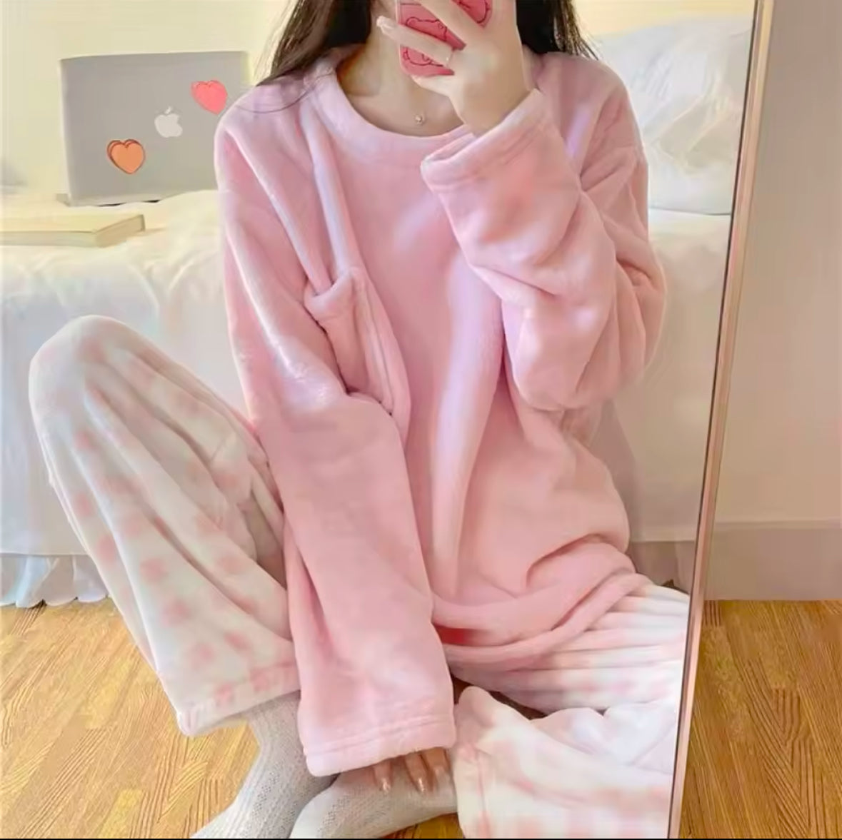 Women’s Fleece Pajama Set – Thick and Warm Winter Sleepwear with Solid Top and Plaid Pants for Ultimate Comfort