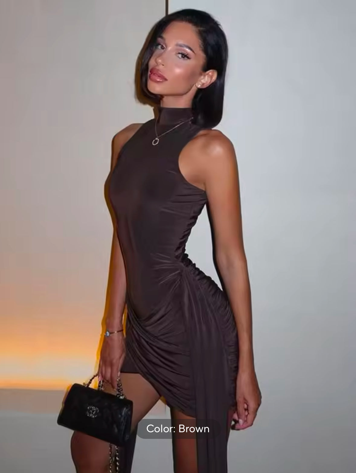 Sexy Sleeveless Turtleneck Mini Dress for Women – Fashionable Irregular Ruched Tank Dress for Elegant Club Parties